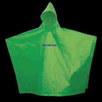 It features a hood, two snap closures on each side and a hangtag listing its environmental properties. It is an inexpensive and eco-friendly alternative to a vinyl poncho. PATENT PENDING. 52.