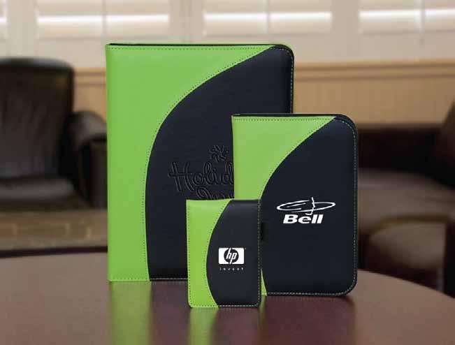 74 pads and pens A. C. B. A. BL4061 NOTEBOOK PADFOLIO This affordable portfolio is made from bonded leather material. It features inside slash and business card pockets and a paper pad and pen.
