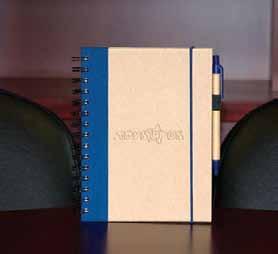 There is a recycled logo debossed on the back cover and preprinted on each page. It includes matching colored PE4772 recycled paper pen. 5 W x 8.5 H x 0.