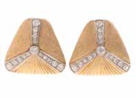 JEWELRY 198 202 205 A Pair of Ladies 18K Diamond Triangular Earrings 18K yellow gold triangular earrings with 150ctw of diamonds set in pinwheel design post with Omega backs, 1 in L, 33 grams Est