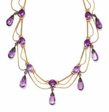 $800-1,200 2* An Antique Yellow Gold, Silver, Amethyst, Pearl and Diamond Swag Necklace, consisting of nine basket settings each containing an oval mixed cut amethyst measuring approximately 12.