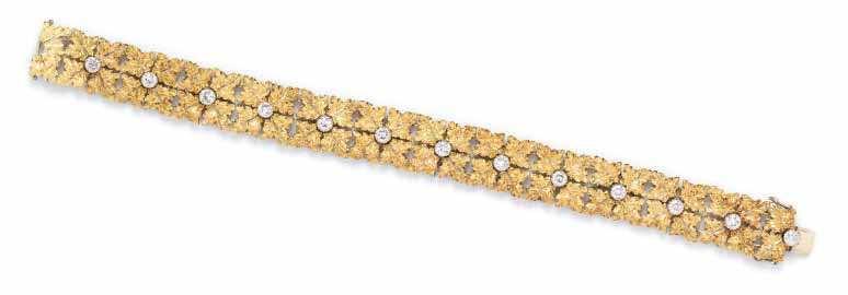 382 A Vintage 18 Karat Gold and Diamond Bracelet, Buccellati, Circa 1960, consisting of 12 quatrefoil radiating leaf motif links and a hidden clasp, the links composed intricately textured yellow