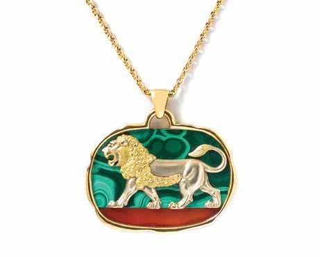 392 393 394 392 An 18 Karat Yellow Gold, Malachite and Carnelian Lion Necklace, Van Cleef & Arpels, the pendant consisting of a polished malachite and carnelian slab background surmounted with a