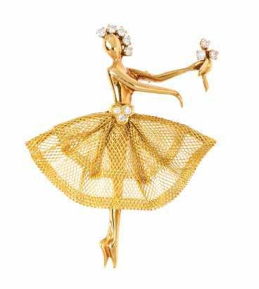 412 410 411 413 410 An 18 Karat Yellow Gold and Diamond Ballerina Brooch, Van Cleef & Arpels, the sculpted and polished gold igure accented with 11 round brilliant cut diamonds weighing approximately