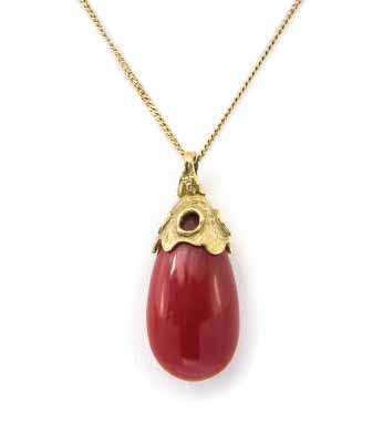 414 415 416 414 An 18 Karat Yellow Gold Necklace with a Coral Drop Pendant, consisting of a drop shape oxblood red coral measuring approximately 33.00 x 17.