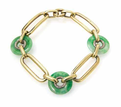 417 A Vintage Gold and Jade Bracelet, Cartier, consisting of three mottled green pierced jade circlets lined at the interior with textured white gold bezels and joined with polished yellow gold oval