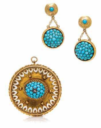 13 14 15 13 A Victorian Yellow Gold, Turquoise, Diamond and Enamel Brooch with Later Yellow Gold and Turquoise Earrings, consisting of a circular brooch with rope texture and beaded details accented