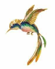 455* An 18 Karat Yellow Gold, Polychrome Enamel and Diamond Hummingbird Brooch, containing 10 round brilliant and single cut diamonds weighing approximately 0.