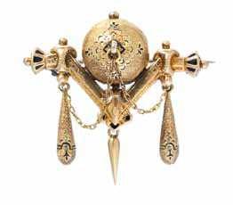 $3,000-5,000 20 A Victorian Yellow Gold and Enamel Brooch, consisting of a central orb above the V shape base suspending three hinged drop pendants, accented throughout with black enamel detail,