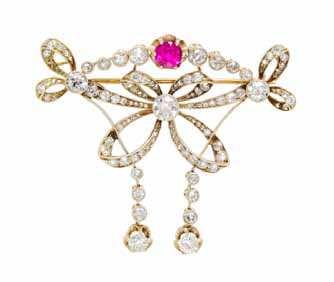 617 615 614 614 An Antique Gold, Diamond, and Synthetic Ruby Pendant/Brooch, containing 133 old European, old mine and single cut diamonds weighing approximately 4.