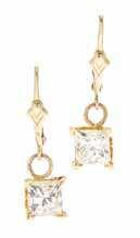 696 A Pair of 14 Karat Yellow Gold and Diamond Earrings, containing two princess cut diamonds weighing approximately 2.05 carats total. Stamp: 14K 1011. 1.50 dwts.