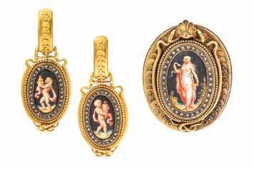 24 26 25 24 An Etruscan Revival Yellow Gold, Enamel and Diamond Demi Parure, Fontenay, consisting of an oval brooch centered around a polychrome enamel plaque depicting a seminude maiden in lowing
