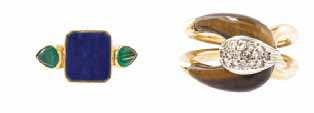 Lukens Trust, Burr Ridge, Illinois $150-250 1039* A Collection of 14 Karat Yellow Gold, Lapis Lazuli, Citrine and Agate Jewelry consisting of a pair of earclips containing two pear shape cabochon cut