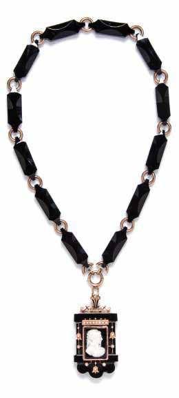 38 36 A Collection of Victorian Gold, Onyx, Seed Pearl, Enamel and Cameo Mourning Jewelry, consisting of a necklace composed of alternating elongated and faceted onyx sections joined with