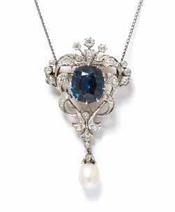 90 An Edwardian Platinum Topped Gold, Natural Blue Spinel and Diamond Pendant/Brooch, containing one cushion cut greenish blue spinel weighing approximately 11.