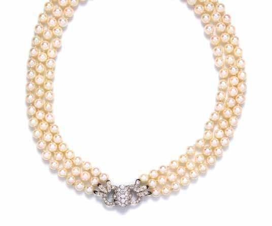 134 136 135 134* An Vintage White Gold, Diamond and Cultured Pearl Triple Strand Necklace, French, consisting of three strands of pearls measuring approximately 5.99-6.