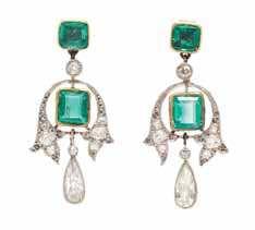 141 A Pair of Edwardian Yellow Gold, Platinum, Emerald and Diamond Earrings, containing four octagonal step cut emeralds weighing approximately 2.