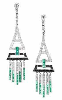 158 160 159 158 A Pair of Platinum, Diamond, Emerald and Onyx Drop Earrings, in a geodesic pendant design, containing 84 old European and round brilliant cut