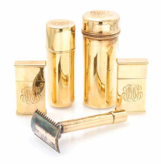 171 170 169 A 14 Karat Yellow Gold Shaving Kit, Gorham, custom ordered by the original owner from Gorham, consisting of a pair of blade boxes, a shaving stick canister, a