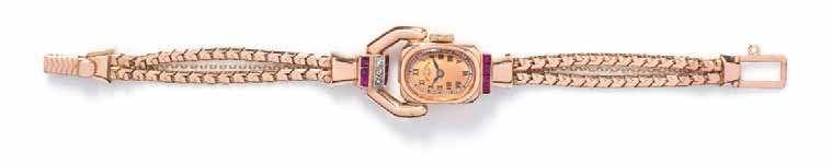 Property from the Estate of Mary Anne Kirchschlager, Chicago, Illinois $500-700 180 A Retro 14 Karat Rose Gold, Ruby and Diamond Wristwatch, Paul Ditisheim, 18.00 x 13.