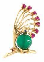 184 182 185 182 A 14 Karat Yellow Gold, Chalcedony, Ruby and Sapphire Brooch, Tifany & Co.