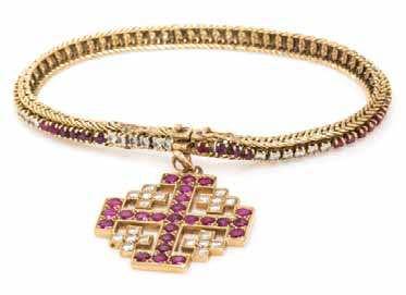 228 227 227* An 18 Karat Yellow Gold, Ruby and Diamond Bracelet with Maltese Cross Charm Pendant, consisting of a foxtail link bracelet and cross pendant, containing 56 round brilliant cut diamonds
