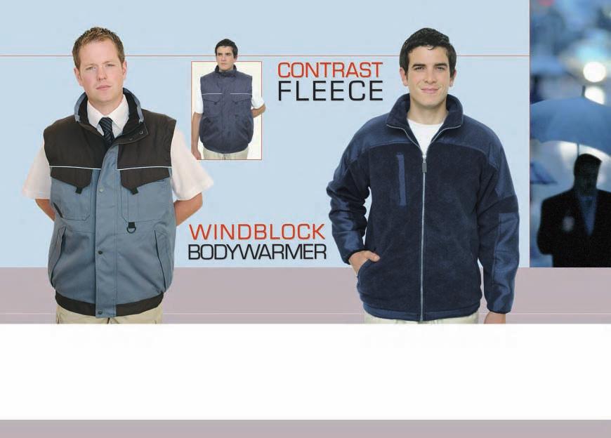 Navy S660: 600D Bodywarmer S665: North Sea Fleece Two chest pockets and two lower side pockets. Front zip fastening with studded storm flap. Mobile phone pocket.