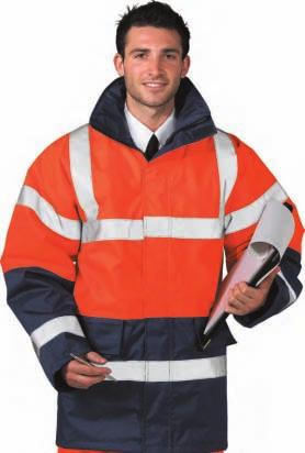 Lining: Colour: Sizes: 100% Polyester, 300D Oxford weave, with a stain resistant finish, PU coated, 190g Nylon 60g / Wadding 170g Orange/Navy S - 4XL S460: EN 471 Traffic Jacket