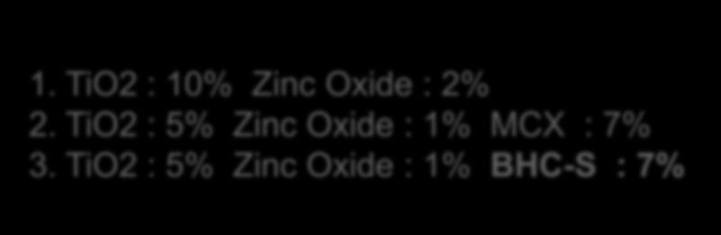 TiO2 : 5% Zinc Oxide : 1% MCX : 7% 3.