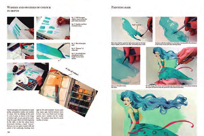 The book is divided into the following chapters: poses, colour and colour combinations, watercolour technique, tools such as professional markers, coloured pencil and water-soluble graphite, digital