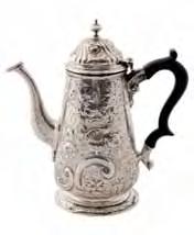300-400 154 155 A George II coffee pot of tapered cylindrical form, the domed cover with turned finial, having later flowerhead, scroll and foliate