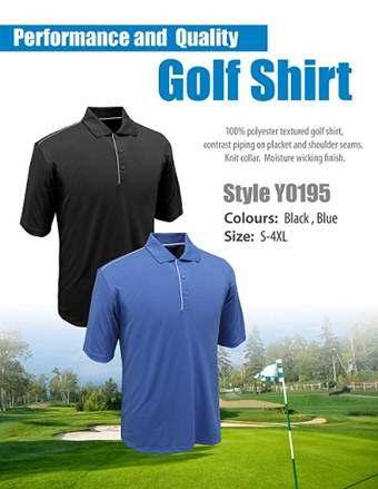 PERFORMANCE AND QUALITY GOLF SHIRTS Hit the golf course in these 100% polyester textured golf shirts! Contrast piping on placket and shoulder seams.