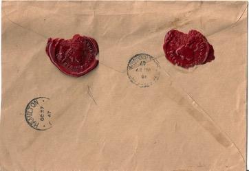 L.O. return envelope Oct 27 1947 to Hamilton with D.L.O. boxed registration handstamp and two three point crown Toronto Wax Seals.