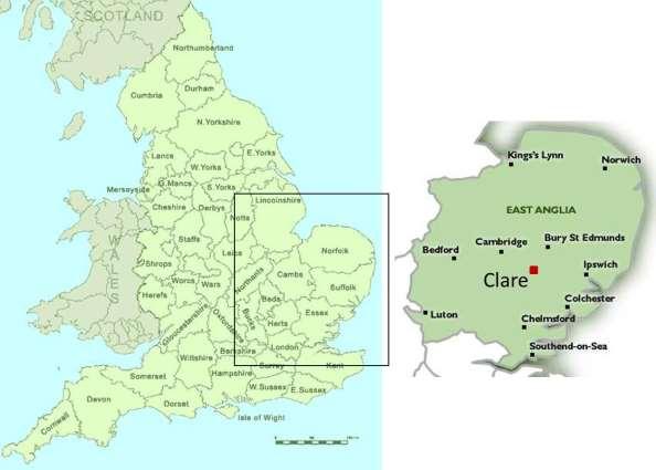 5 Location The small town of Clare is located along the southern Suffolk border with Essex, 27km south-west of Bury St Edmunds and 14km north-west of Sudbury, centred on NGR TL 770456.