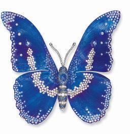 features wings of titanium rendered an enthralling indigo colour by intense heating, with a lustre and fine texturing that perfectly evokes the radiant scales on butterflies wings.
