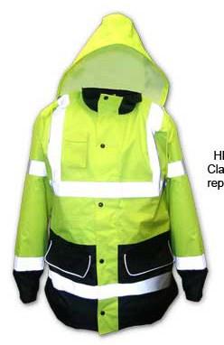 ANSI/ISEA Class 3 Compliant Outerwear A-8510B Jacket features: added reflective stripes to promote nighttime safety; 300 denier Oxford polyester shell lined