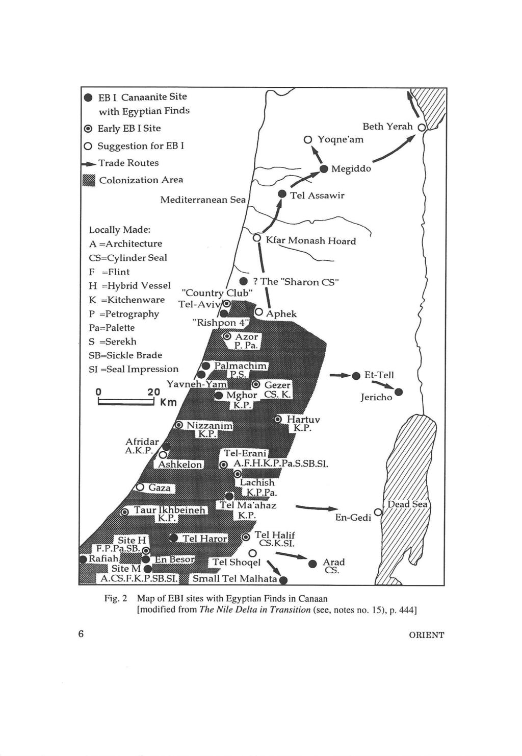 Fig. 2 Map of EBI sites with Egyptian Finds in Canaan [modified