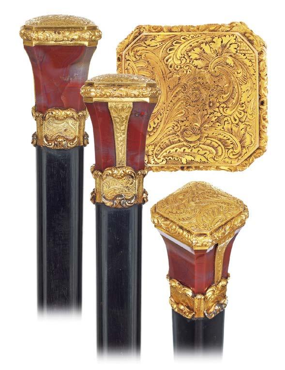 34. Early Hard Stone Cane Ca. 1800-Carnelian knob fashioned in a most unusual angular and tapering shape with fire gilt cap and collar.
