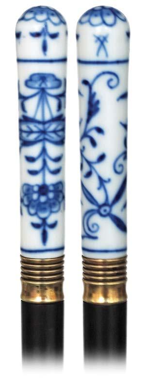 48. Meissen Porcelain Cane Ca. 1860-Straight white porcelain handle decorated in cobalt blue with the classic, Zwiebelmuster Onion Pattern, ebony shaft with a gilt collar and a brass ferrule.