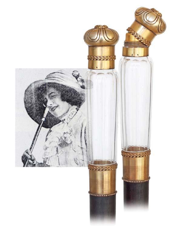 9. Perfume Bottle Cane Ca. 1890-High-end dual purpose cane featuring a vertical and faceted crystal perfume bottle handle with matching Vermeil, silver gilt fittings, ebony shaft and a horn ferrule.