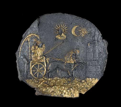 One of the oldest antiquities found at Aï Khanum is a ceremonial plaque made of gilded silver (fig. 4). It depicts Cybele, Greek goddess of nature, riding in a chariot.