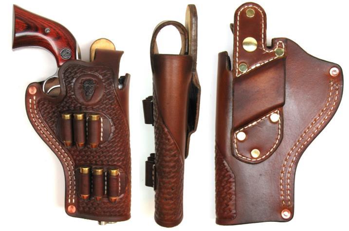 13 Holster pictured can be made to any barrel length TM 523 Right-handed cross draw. Thumb Brake. Brass hardware w/two copper seam rivets.