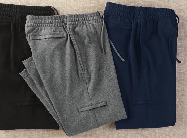 waist, interior drawcord, side pockets and right back zippered pocket. 100% pima cotton.