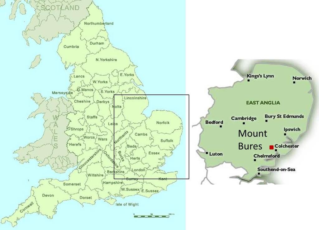 5 Location The village of Mount Bures is located along the northern Essex border with Suffolk, c.16km north-west of Colchester and c.11km south of Sudbury and is centred on NGR TL 905325.