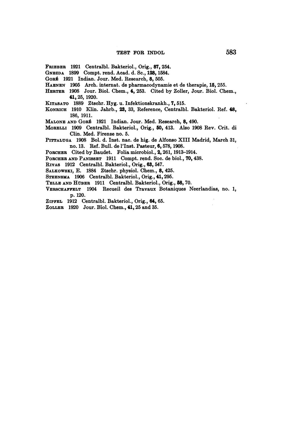 TEST FOR INDOL 583 FRIEBER 1921 Centralbl. Bakteriol., Orig., 87, 254. GNEZDA 1899 Compt. rend. Acad. d. Sc., 128,1584. GoRfi 1921 Indian. Jour. Med. Research, 8, 505. HAENEN 1905 Arch. internat.