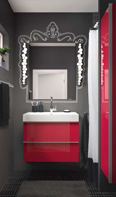 High-gloss red. 199.0.56 LUNDSKÄR washbasin mixer tap with strainer 80 Chrome-plated brass. Designer: Jon Karlsson. H25cm. 6.400.21 FRÄJEN hand towels 3.50/ea 100% cotton.
