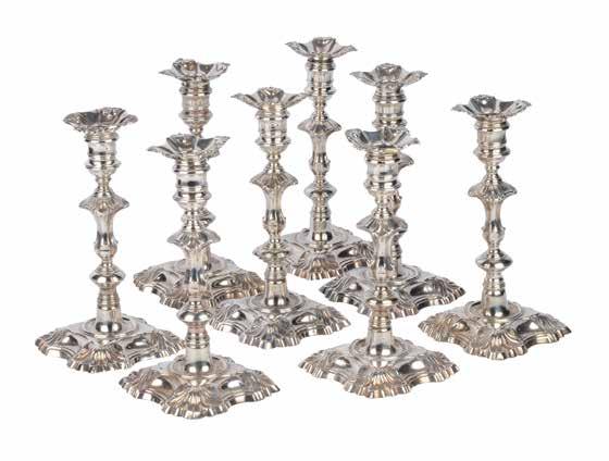 Lot 259 Set of eight London silver candlesticks, maker William Gould, dated 1790, one