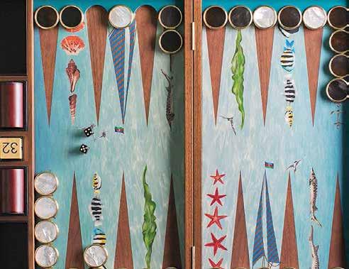 #323 ALEXANDRA LLEWELLYN DESIGN Alexandra Llewellyn has designed a collection of eight backgammon boards handmade in London palm, pheasant, butterfly, nudes, antler, carnival, leaf and peacock.