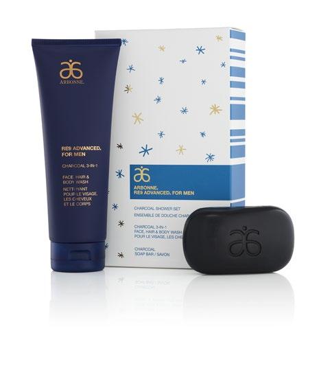 RE9 ADVANCED FOR MEN CHARCOAL SHOWER SET Set includes Charcoal Soap Bar along with the NEW Charcoal 3-in-1 Face, Hair & Body Wash Invigorates with spicy notes of turmeric and bergamot while cleansing