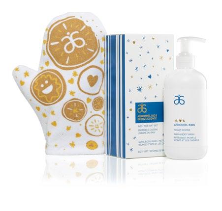 ARBONNE KIDS SUGAR COOKIES BATH TIME GIFT SET Set includes 2-in-1 hair and body wash along with a soft bath mitt Cleanses while gently hydrating skin Light scent is inspired by toasted sugar, nutmeg